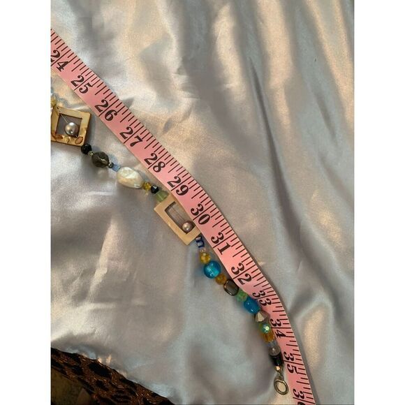 Colorful Long Beaded Statement Necklace Geometric Shapes Boho Retro Style Blue, - Picture 10 of 11